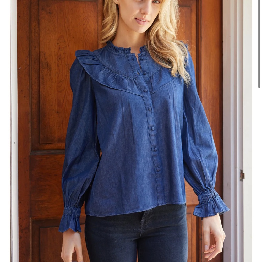 Sail to sable Dark Chambray Long Sleeve Ruffle Bib Blouse